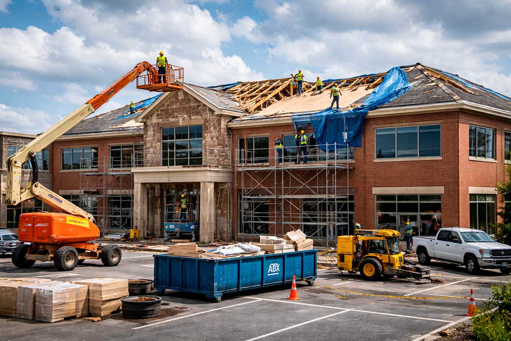 Commercial building undergoing major storm damage reconstruction with crews repairing roof structure