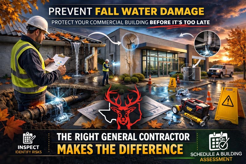 Commercial building roof drainage and water intrusion risks during fall weather