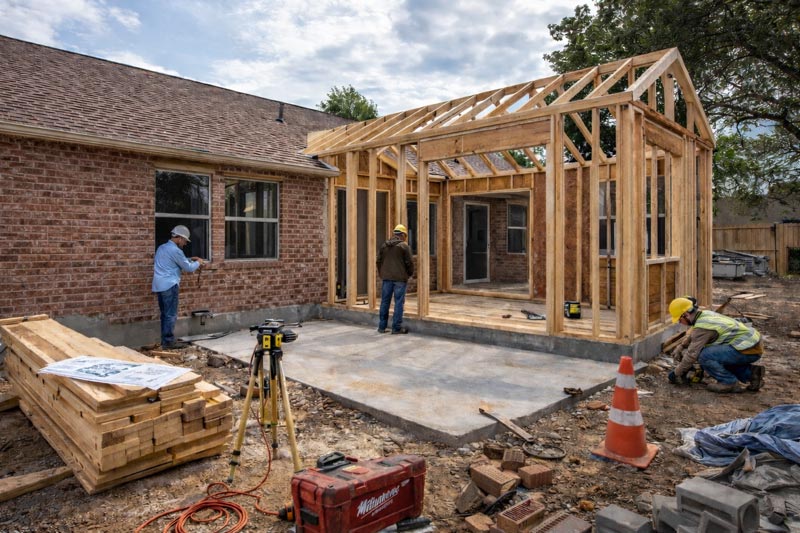 Residential home addition under construction before winter in North Texas